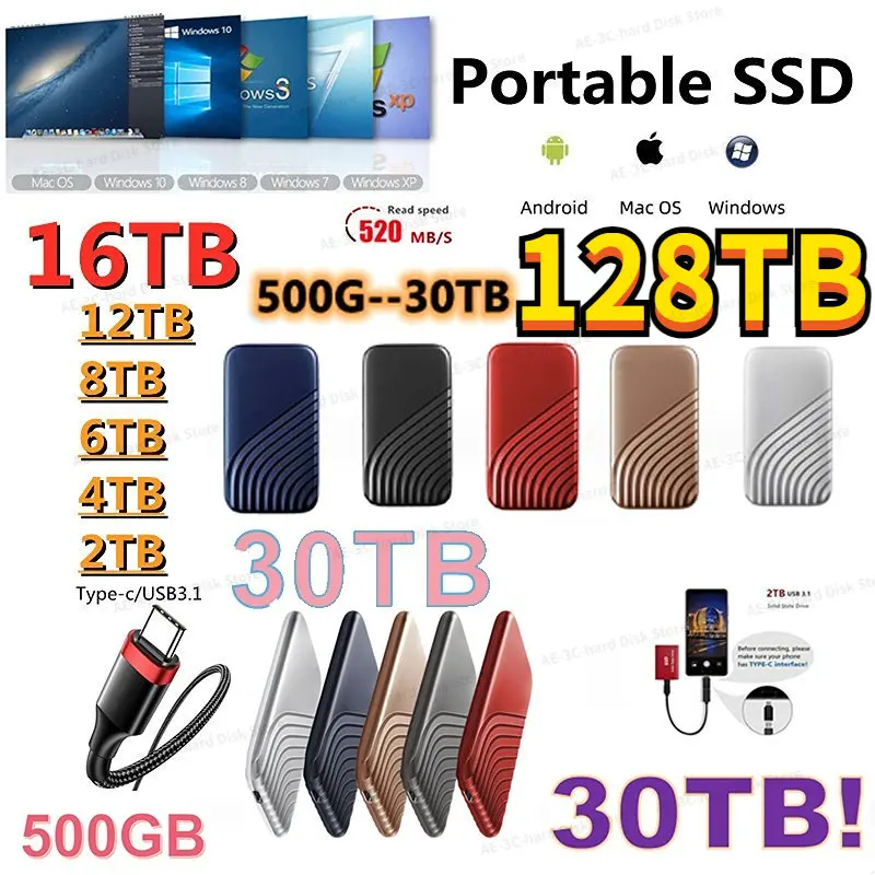 

Protable SSD 128TB 64TB 500GB 8TB Type-C High Speed USB3.1 32TB 16TB External Solid State Drive Mobile Hard Drive for Computer
