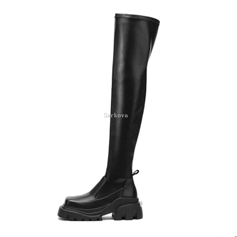 Denim New Over The Knee Boots Square Toe High Top Side Zipper Stretch Boots Cool Girl Sexy Woman Dress Fashion Elevator Shoes