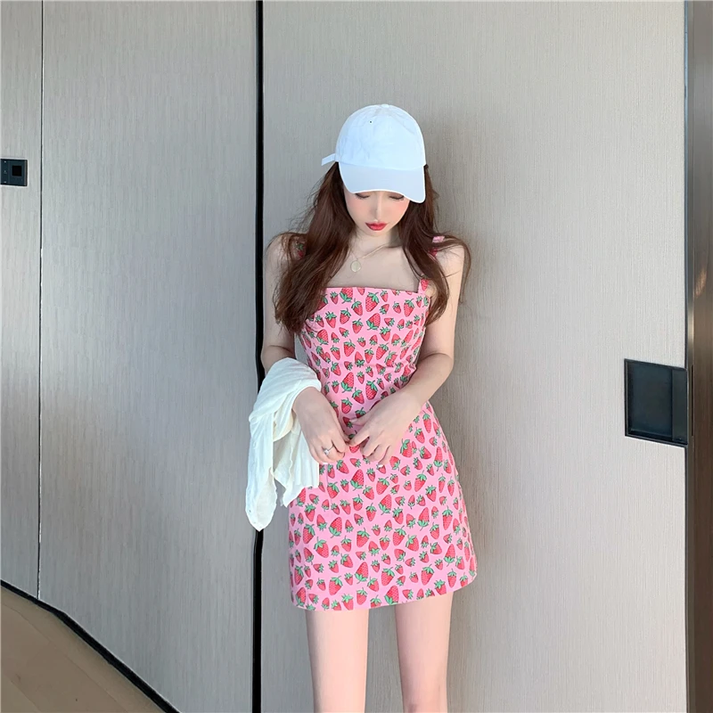 

Korea Kawaii Slim Suspender Dresses 2023 Woman Summer Sexy Strawberry Dress Sexy Bodycon Mini Skirt Pink Zipper Style Streetwear