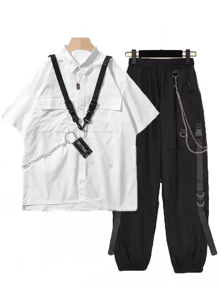 

Женские брюки-карго в стиле High Street с цепочкой, крутая черная свободная футболка в стиле Харадзюку BF и брюки-карго, летний комплект из двух пр...