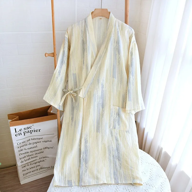 

Женская ночная рубашка-кимоно из 100% хлопка и крепа, женский халат, весенние тонкие банные халаты, одежда для сна в синюю Вертикальную Полоску, халаты с рукавом 3/4