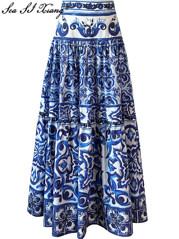 Seasixiang Fashion Runway Summer 100% Cotton Skirt Women Blue and White Porcelain Print High Waist Skirt