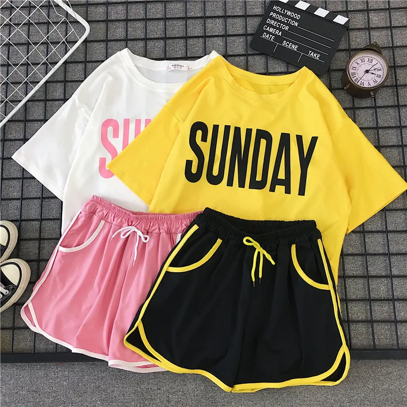 

Women Clothes Suit Lady Short Sleeved T-shirt+Shorts 2pcs Clothing Sets 2023 Summer Letter Printed Sports Outfits Casual Costume