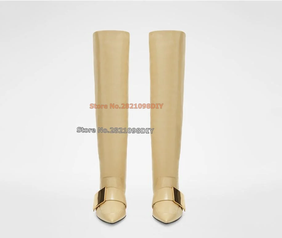 20Mm Heeled Gold Colored Metal Buckle Pointed Toe. Leather Lining Knee High Women Winter Long Boots Plus Size 35-45