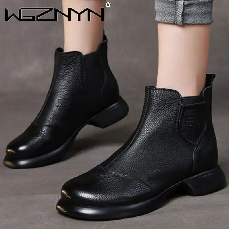 

Женские ботинки на платформе, осенне-зимняя женская обувь, женские ботильоны из натуральной искусственной кожи с широкой шириной, черные ос...