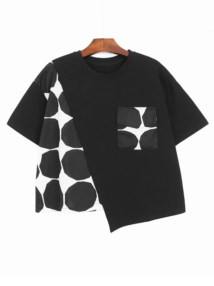 

Women Black Dot Irregular Big Size Casual Pockets T-shirt New Round Neck Short Sleeve Fashion Spring Summer M958