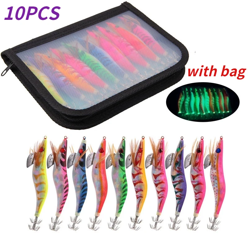 

10PCS Squid Jigs Wooden Shrimp Set 2.5/3/3.5# Octopus Needle Cuttlefish Artificial Luminous Jigging Hook Fishing Lure Squid Bait