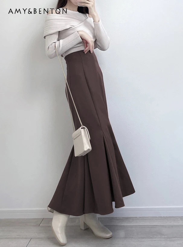 

Japanese Sweet High Waist Slim All-Match Trumpet Skirt Fashion Commuter Pure Color Elastic Waist Mid-Length Skirt Women Autumn