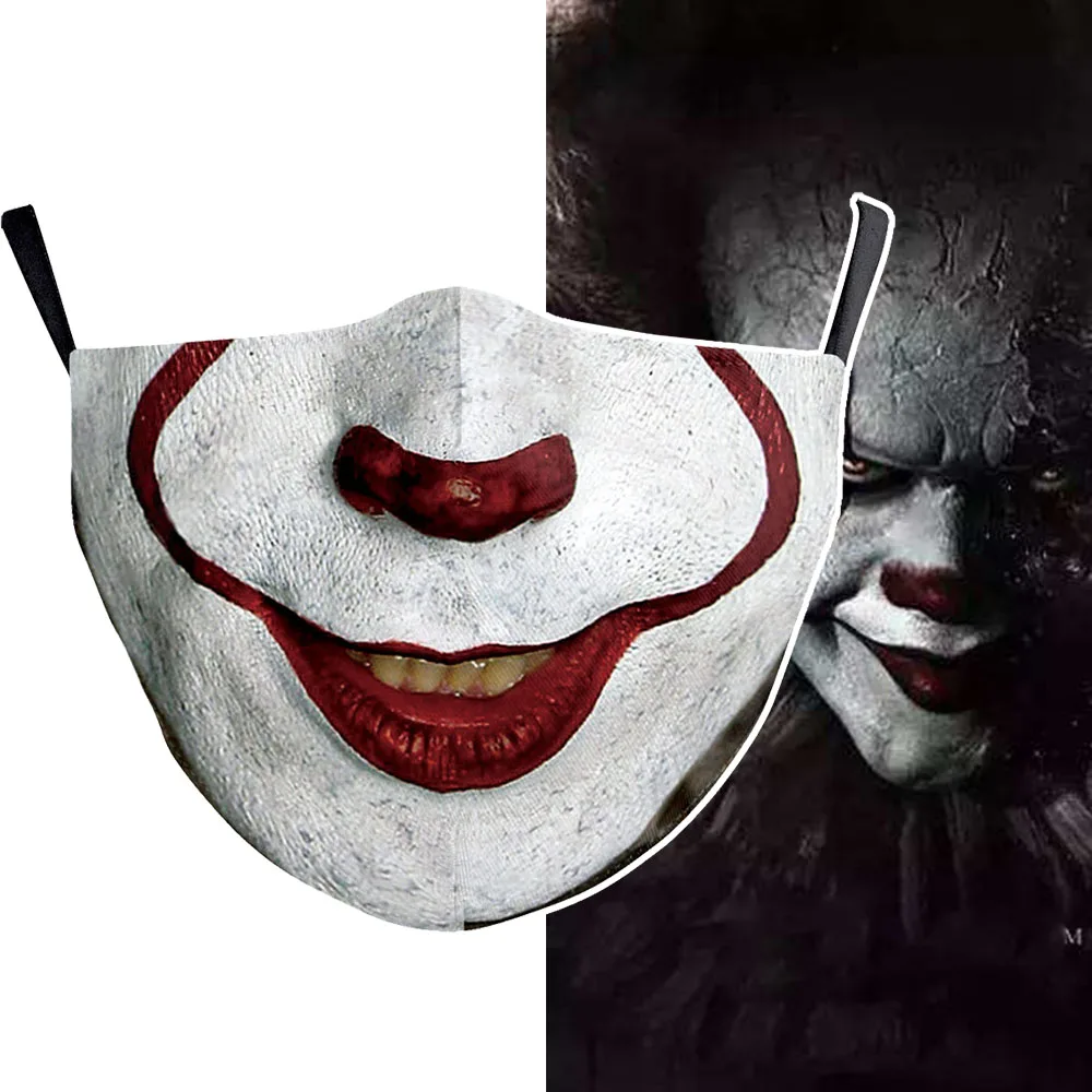 Buy 3D Printing Clown Face Cosplay Funny Masks Mouth Dustproof Reusable Masken Halloween Scary Joker VforVendetta Mascarillas skull on