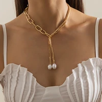 ailodo hiphop pearl pendant long tassel necklace for women gold silver color party wedding necklace fashion jewelry girls gift