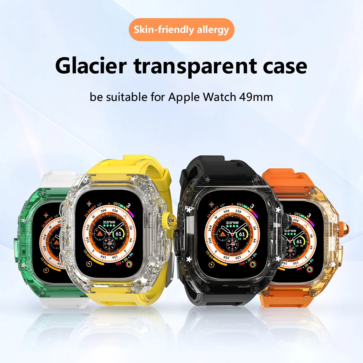 Transparent Case for Apple Watch Band Ultra 49mm 8 7 45mm Luxury Modification Kit Rubber Strap for Iwatch Series 6 5 4 SE 44mm