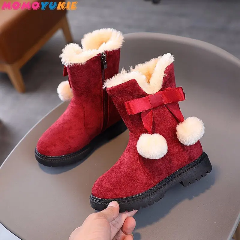 

2022 New Winter leisure Warm Student ShoesKids Cotton Shoes Fashion Bow Tassel High Street Girls Snow Boots Mid-tube Thicken