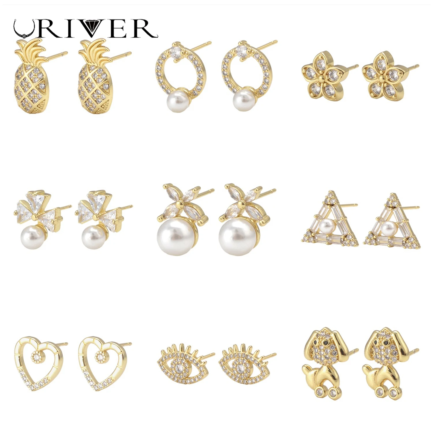 

LJRIVER 3 Pairs Brass Piercing Earrings for Women Imitation Pearl Flower Pineapple Shape Stud Earrings Modern Women's Earrings