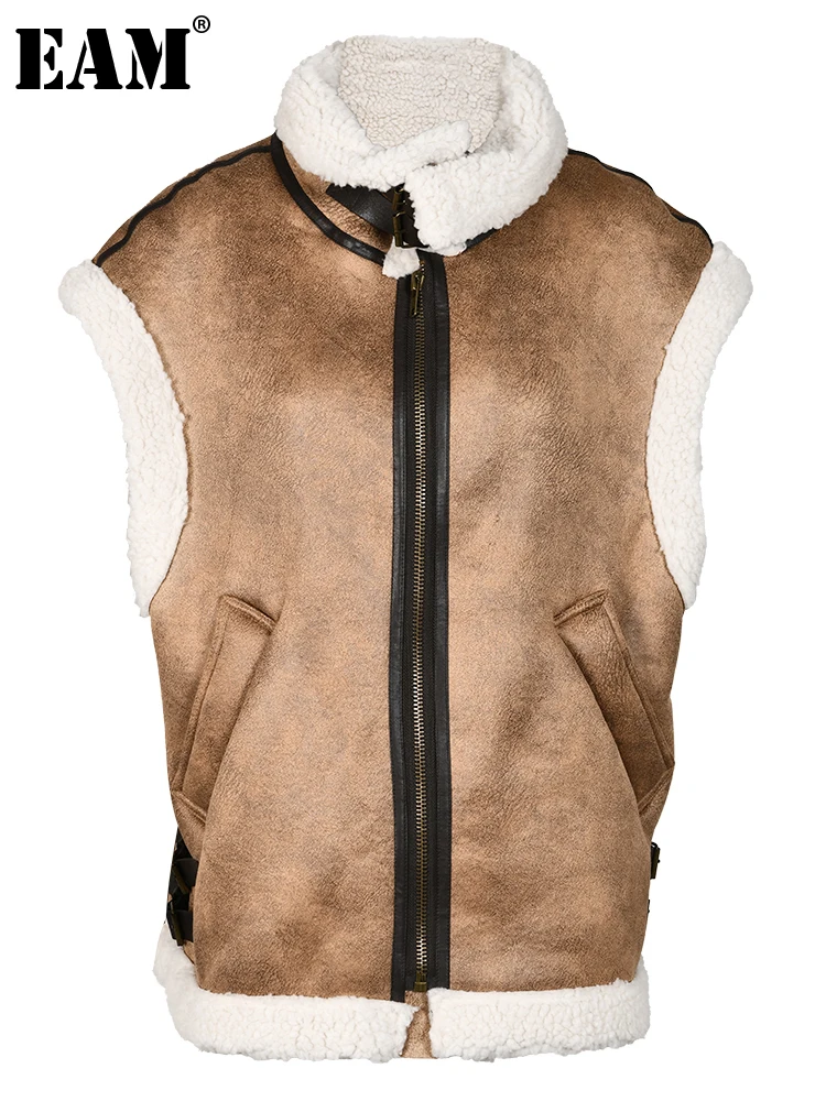 

[EAM] Women Loose Fit Camel Lambswool Big Size Thick Warm Vest New Lapel Sleeveless Fashion Tide Autumn Winter 2023 CP2067