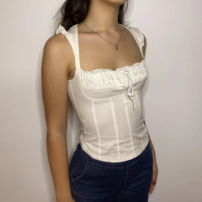 

Summer Women Sexy Retro Tanks Tops Female Ladies Vintage Lace Stitching Square-Neck Sleeveless Vest Tops Streetwear Camisoles