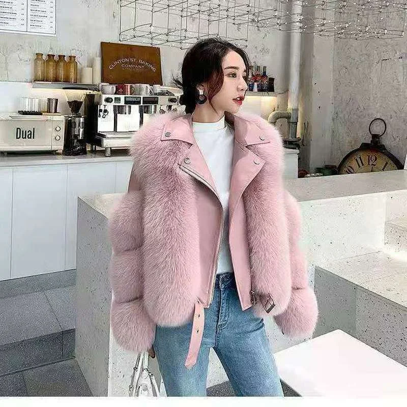 Fashionable warm short 2022 winter new fox fur coat and sheepskin leather full fox fur motorcycle jacket luxury women's