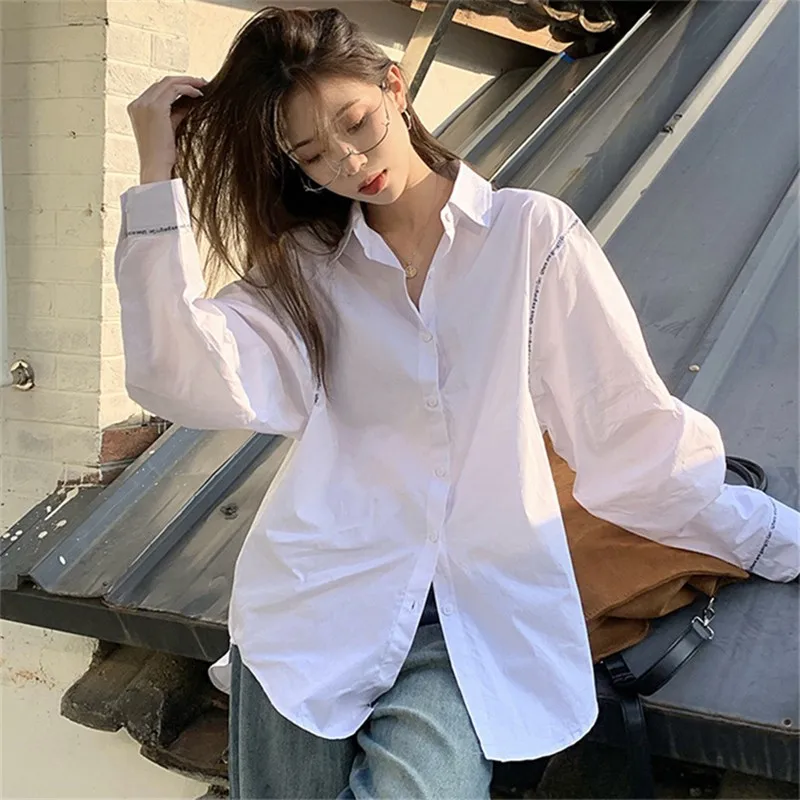

2022 New Arrival Spring Korean Style Women Loose Casual Long Sleeve Turn-down Collar Blouse Single Breasted Cotton Shirts V282