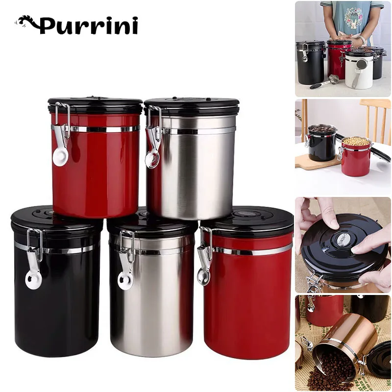 1.5/1.8l Stainless Steel Coffee Storage Box Exhaust Valve Moisture-proof Tea Bean Container Home Kitchen Record Time Sealing Jar