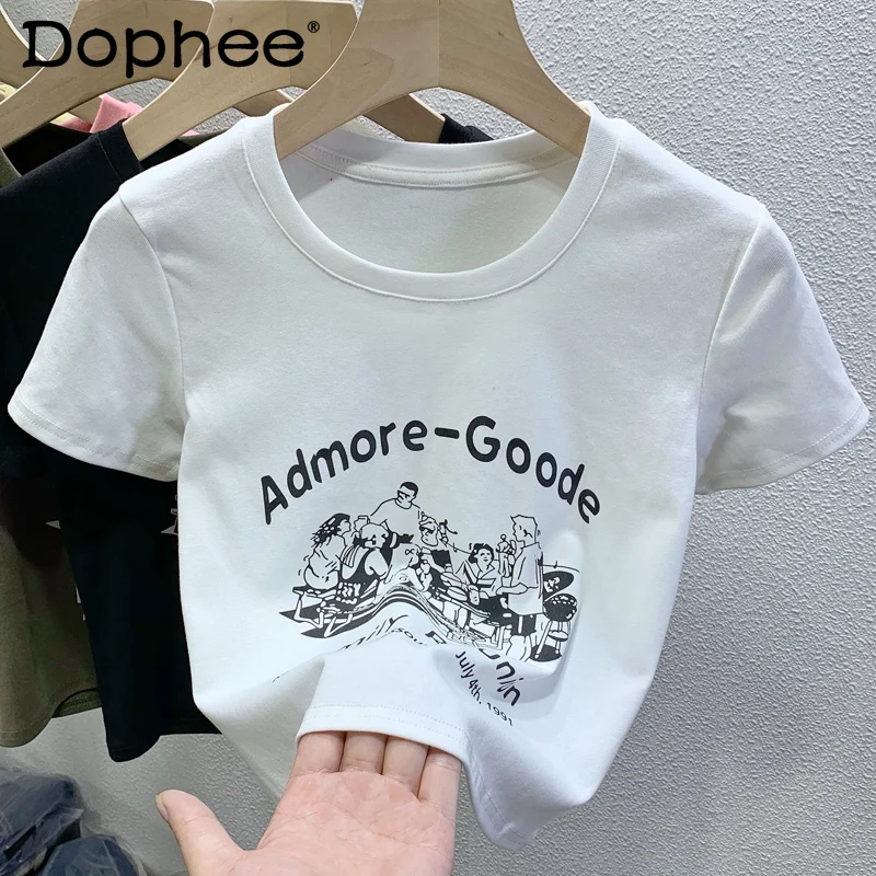 

Модная футболка с принтом и коротким рукавом, Женская однотонная Приталенная футболка, короткий топ, Новинка лета 2022, футболки с графически...