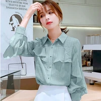 2022 spring summer fashion korean style designer clothes chiffon tops long sleeved blouse ruffle sleeve button up womens shirts
