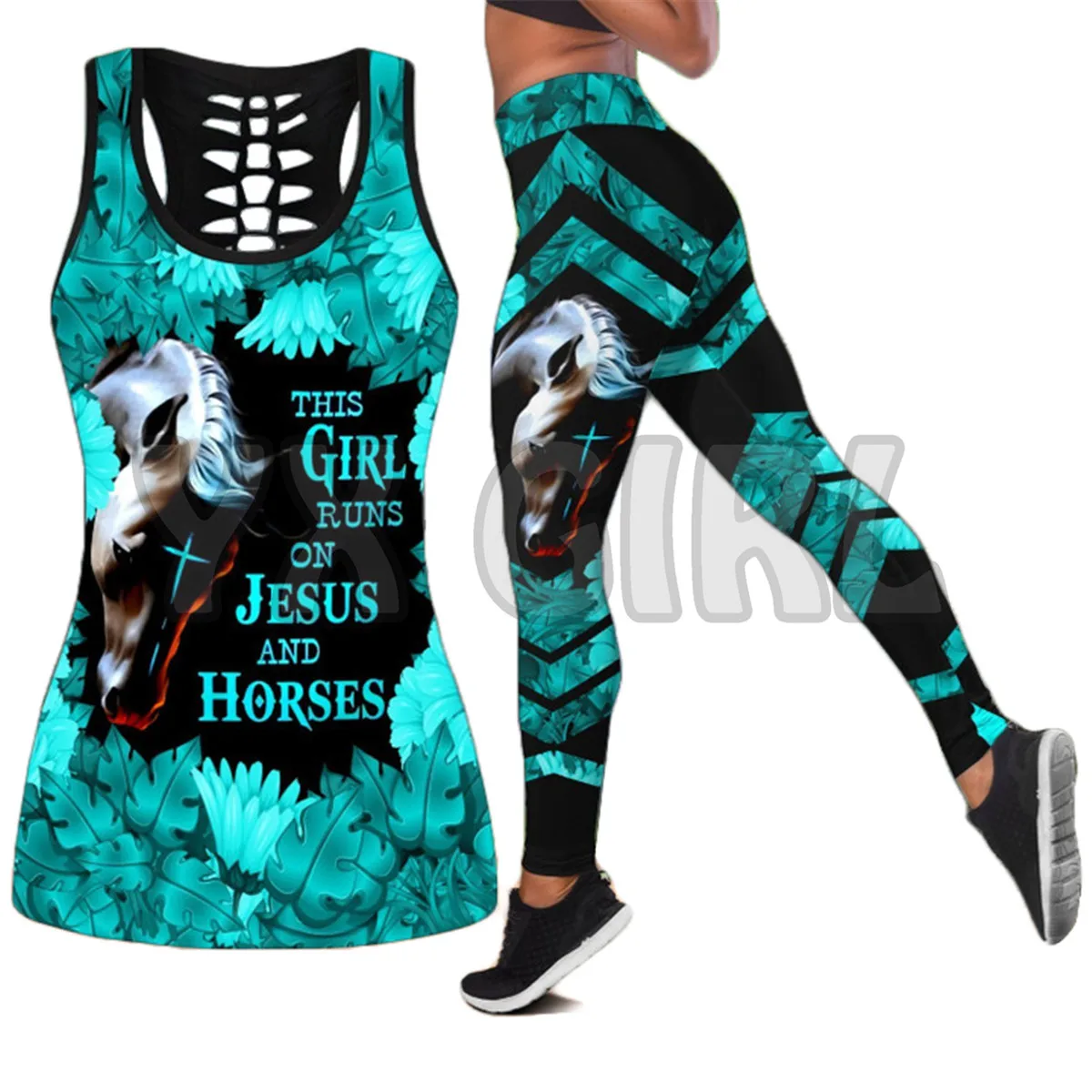 Jesus Horse   3D Printed Tank Top+Legging Combo Outfit Yoga Fitness Legging Women