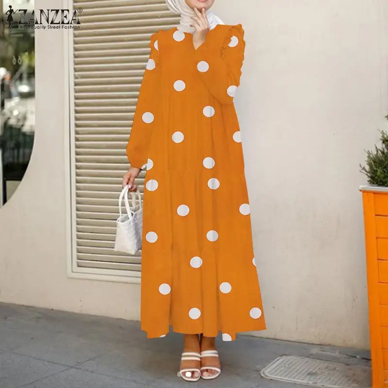 

Spring Women Elegant Polka Dot Printed Abaya Hijab Dress ZANZEA Fashion Ruffles Dubai Turkey Robe Femme Islamic Mulism Dress
