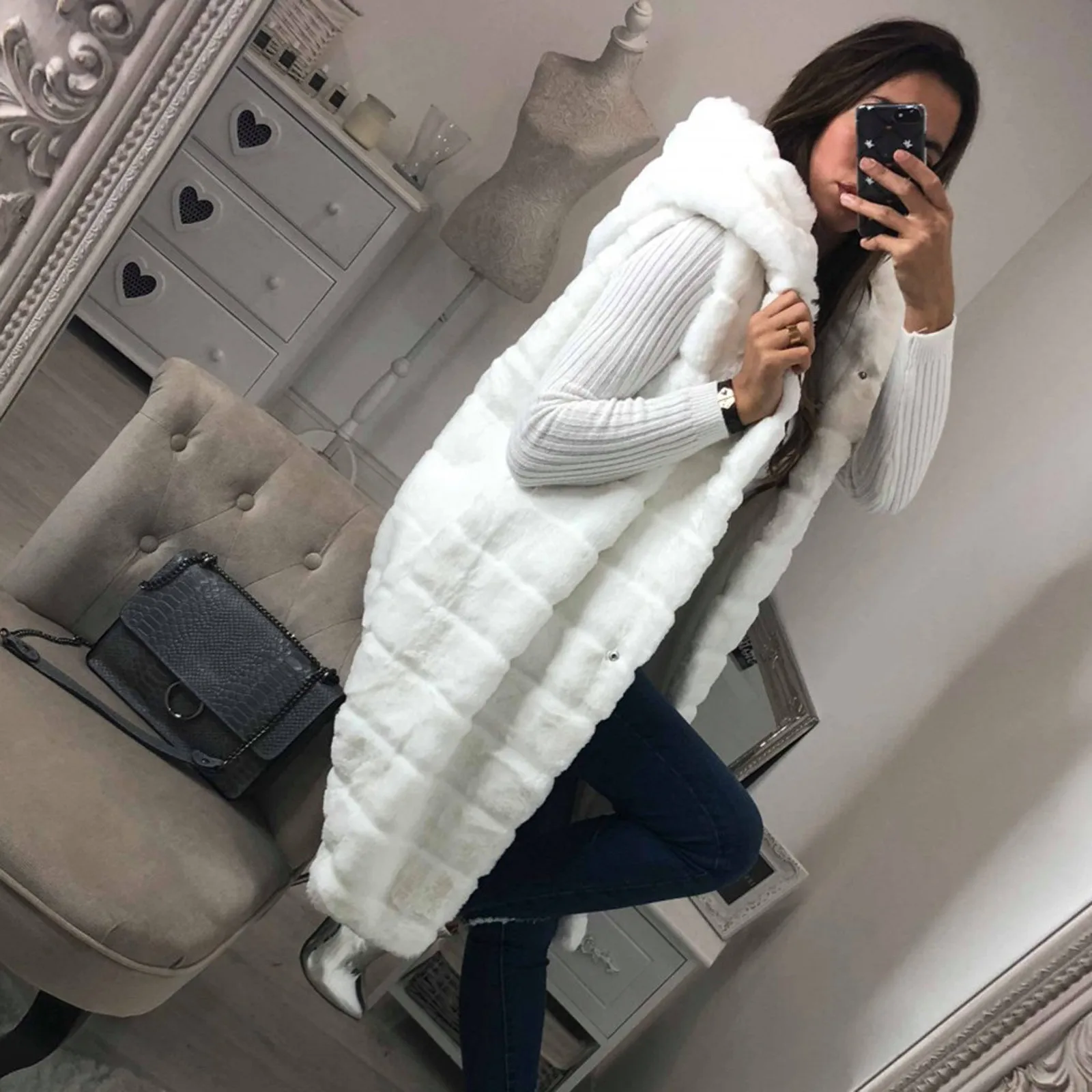 Ladies Jacket Long Faux Fur Vest Coat Cardigan Warm Waistcoat Casual Women's Solid Hooded Ladies Vest Imitation Fur vest Jacket