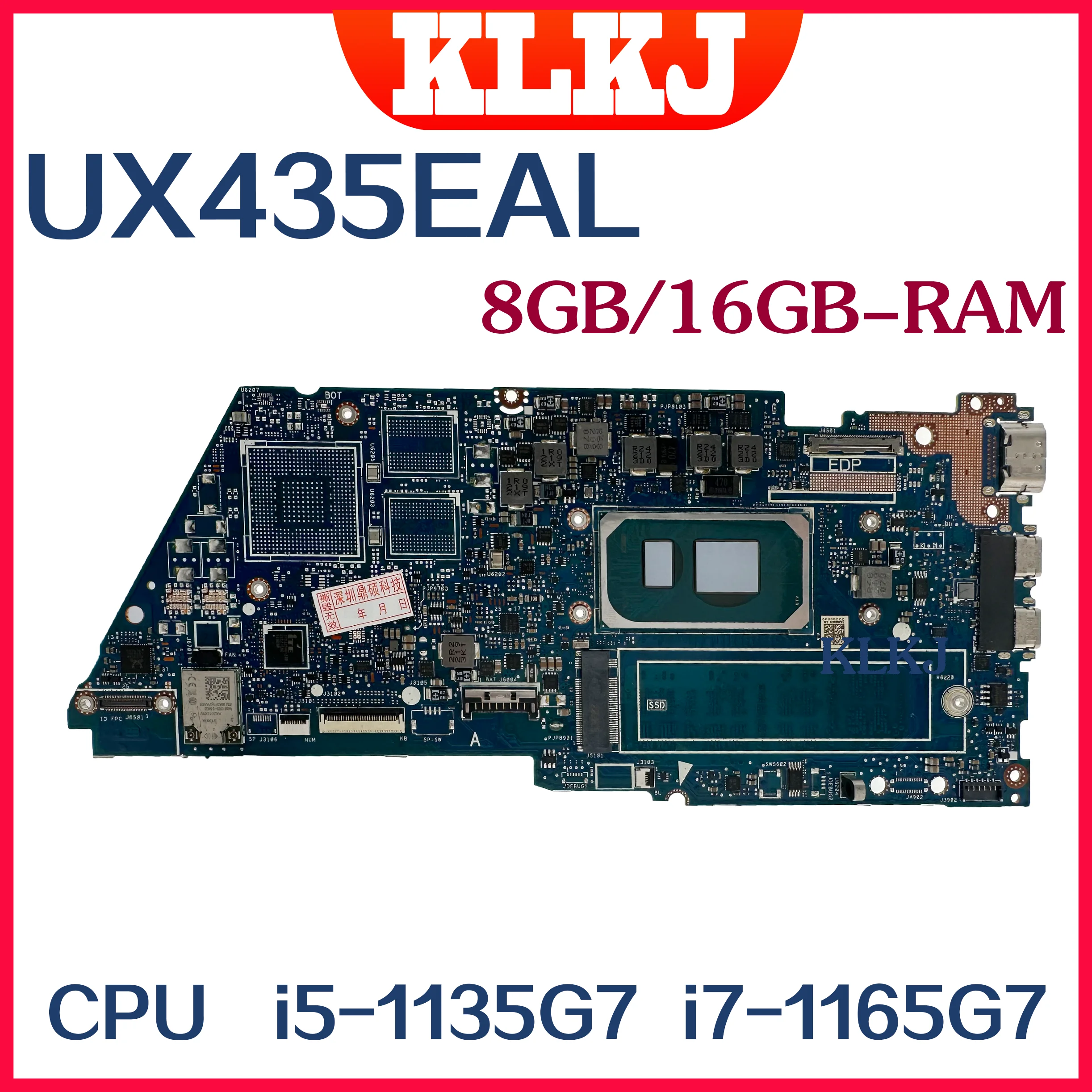 Материнская плата Dinzi UX435EG для Asus ZenBook 14 UX435EA UX435EGL UX435EAL, материнская плата CPU I5-1135G7 I7-1165G 7 ОЗУ: 8 ГБ/16 ГБ 100% тест
