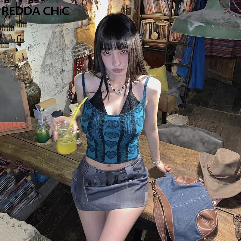 

Женский трикотажный топ REDDACHiC из двух предметов, укороченный топ с принтом в виде сердца и лямкой на шее, цветной контрастный Топ без рукавов, уличная одежда Y2k