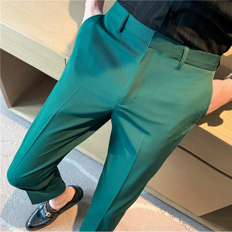 9 Color Mens Brand Mid-waist Solid Color Small Feet Casual Business Suit Pants Formal Social Slim Wedding Banquet Dress Trousers
