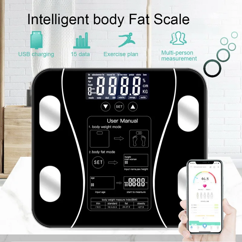 Bluetooth Smart Body Weight Scale Low Profile Tempered Glass Digital Bathroom BM 