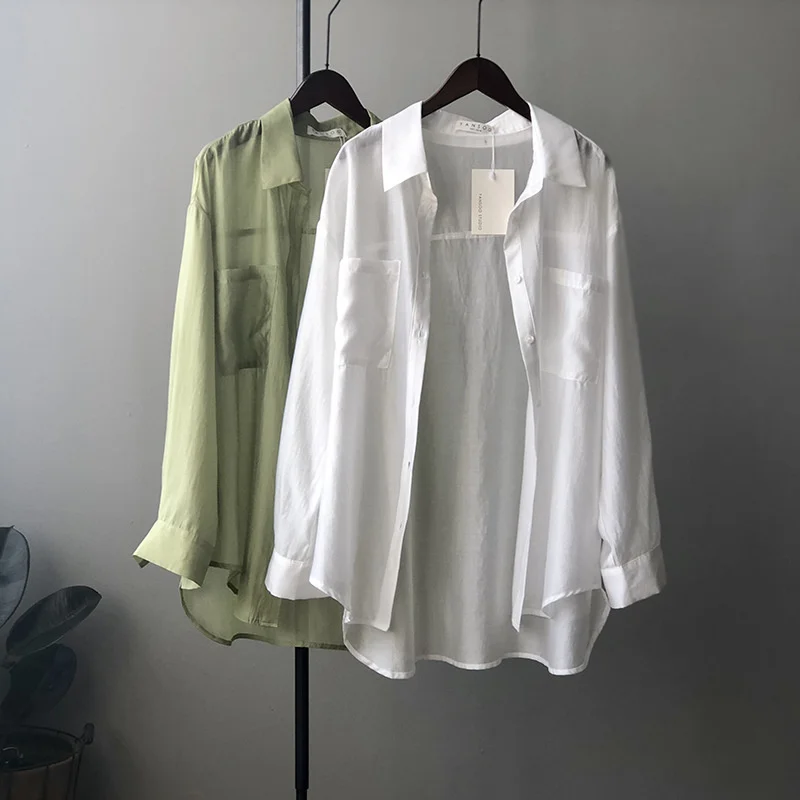 

~2021 summer new style Tencel shirt women's Korean version loose and light temperament long sleeved air conditioning shirt