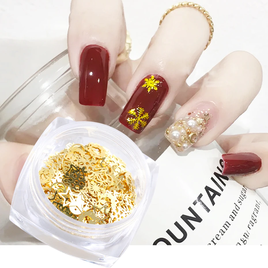 

120pcs Metal Christmas Decorations Nail Art Sequins Golden Snowflake Stars Wreath Elk Nail Flake Hollow Glitter Dropshipping
