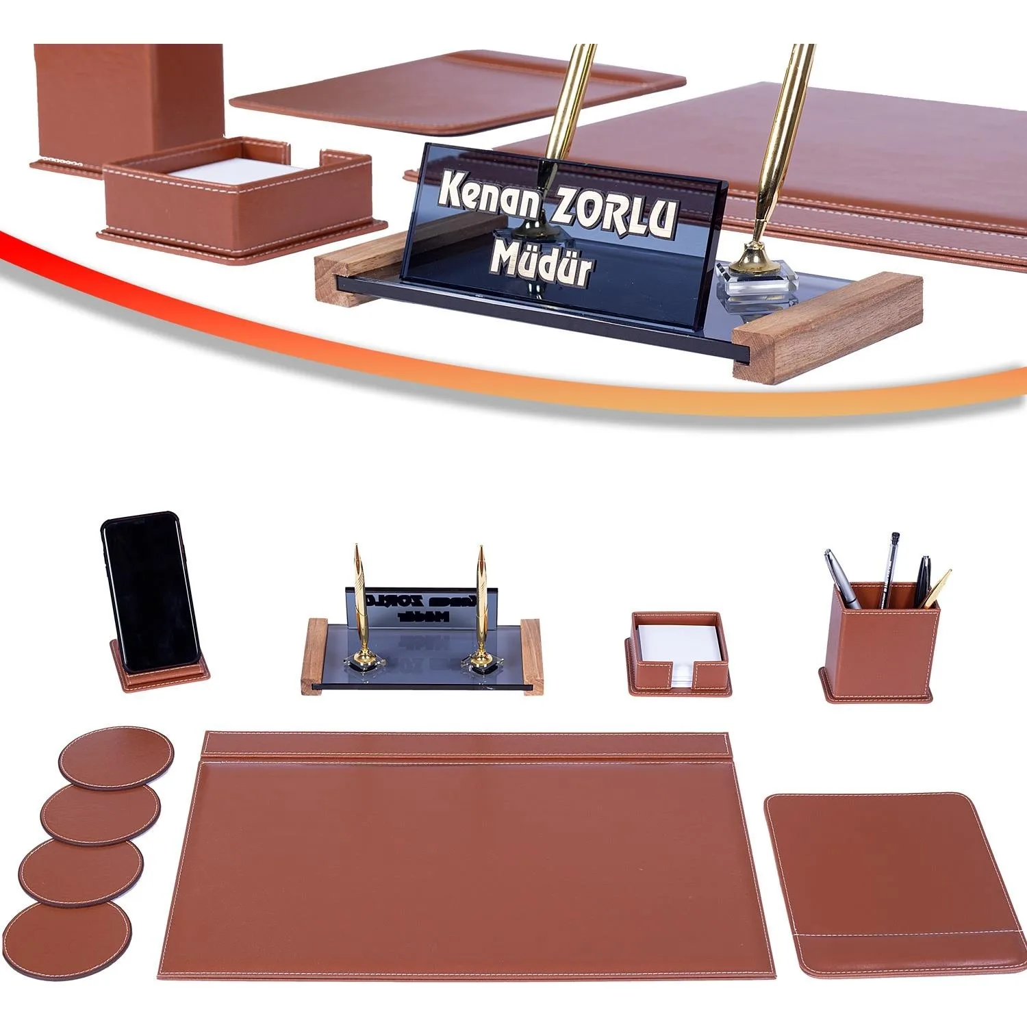 Tan Port Leather Desk Set Table İsimliği Gift Sümen Set Quality Elegant Duruşlu Showy Written In Relief İsimlik Sepeti