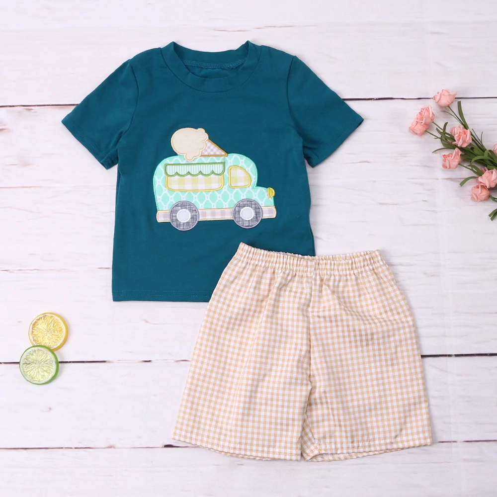 

1-8T Summer Boy Set Clothes Two-piece Half Sleeve Outfit With Pattern Ice-cream Car Embroidery Navy Top Khaki Shorts Suit Wears