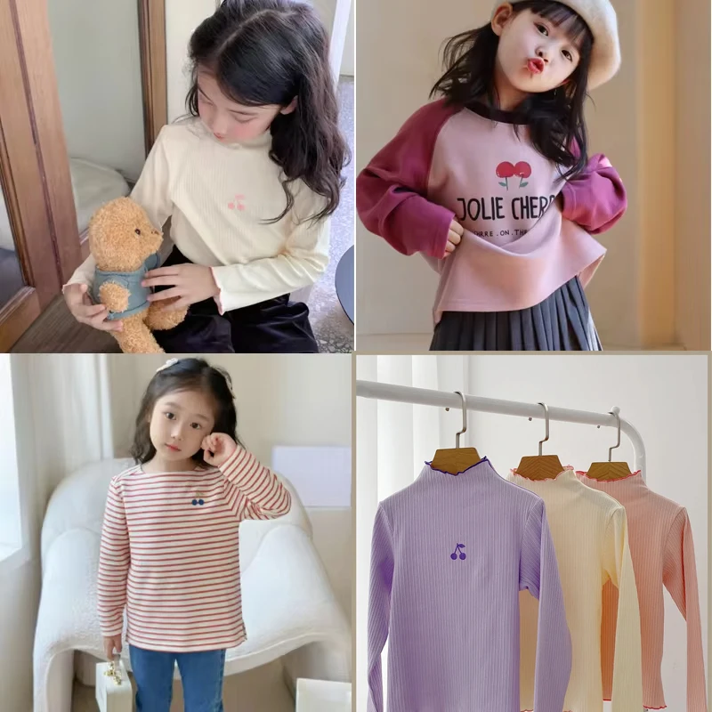Детские футболки Aw24 для девочек милые топы с длинным рукавом и принтом вишни