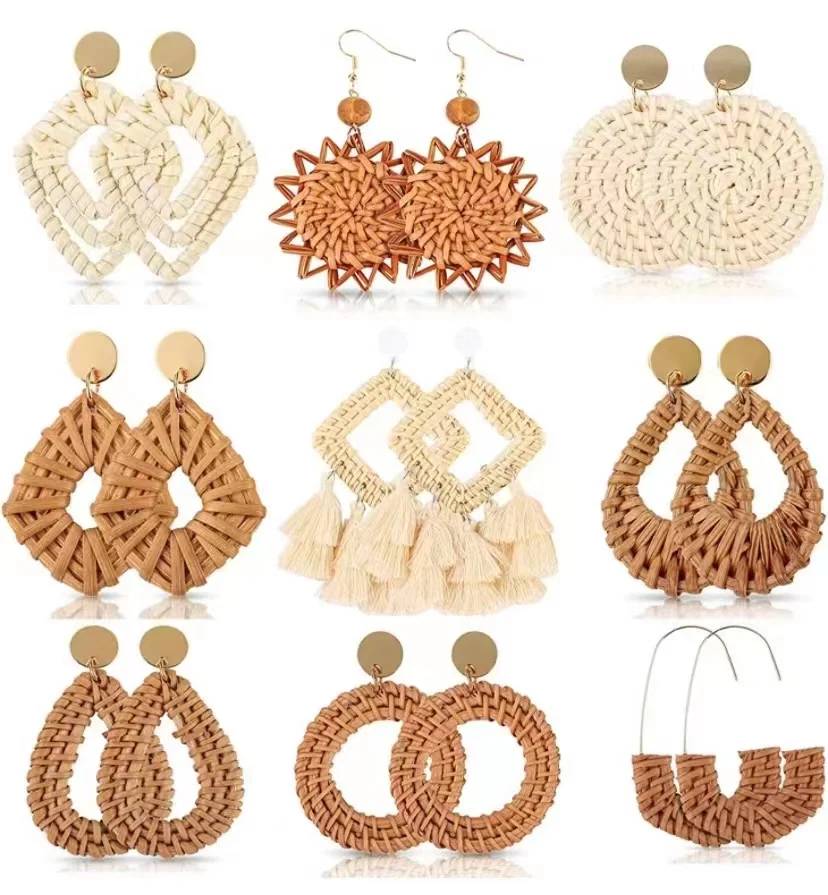 Boho Handmade Geometric Wooden Rattan Braid Drop Earrings for Women Ethnic Bohemia Statement Earring Wholesale Jewelry