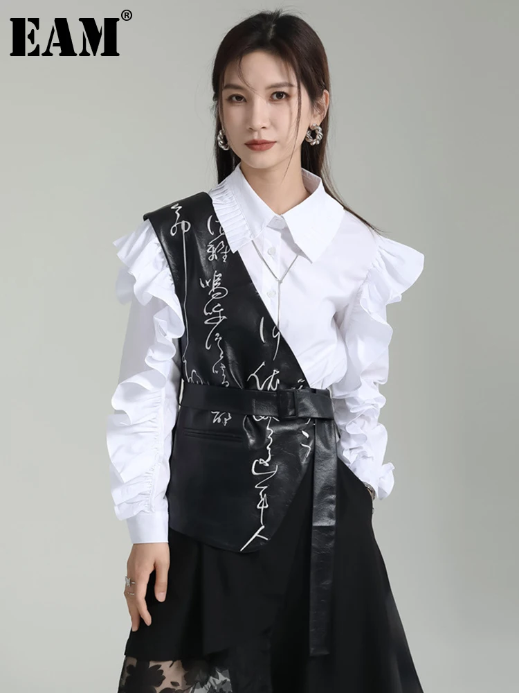 

[EAM] женский свободный черный жилет из искусственной кожи с асимметричной вышивкой новый модный жилет без рукавов с v-образным вырезом Весна ...