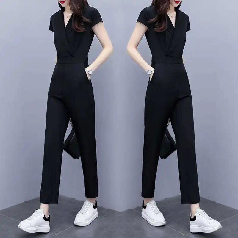 

Women 2022 Summer Fashion Elegant Jumpsuit Playsuit Female Casual Romper Wide Leg OL Ladies Short Sleeve Long Pants Jumpsuit I54