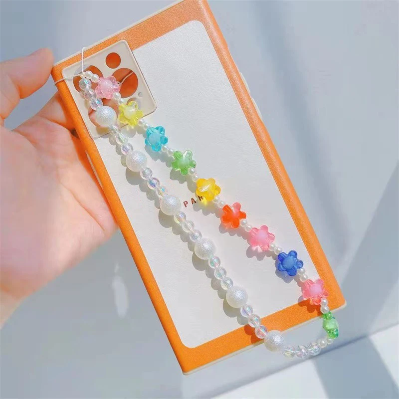

Charming Mixed Color Five-Pointed Stars Transparent Round Beads Imitation Pearl Flower Shape Women's Mobile Phone Chain Jewelry