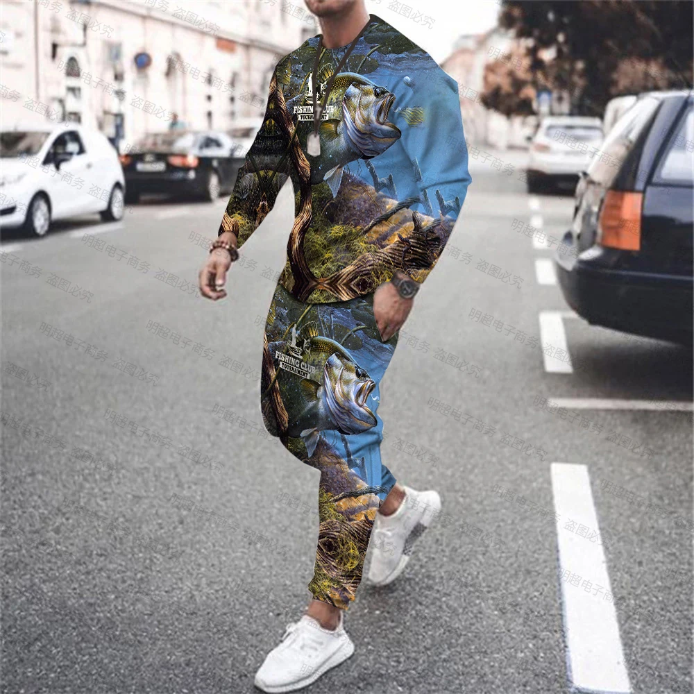 New Bass Fishing T-Shirt Long Sleeve Sweatshirt Print Crew Neck Outdoor Fishing Vacation Fun Sports Streetwear Pant Set