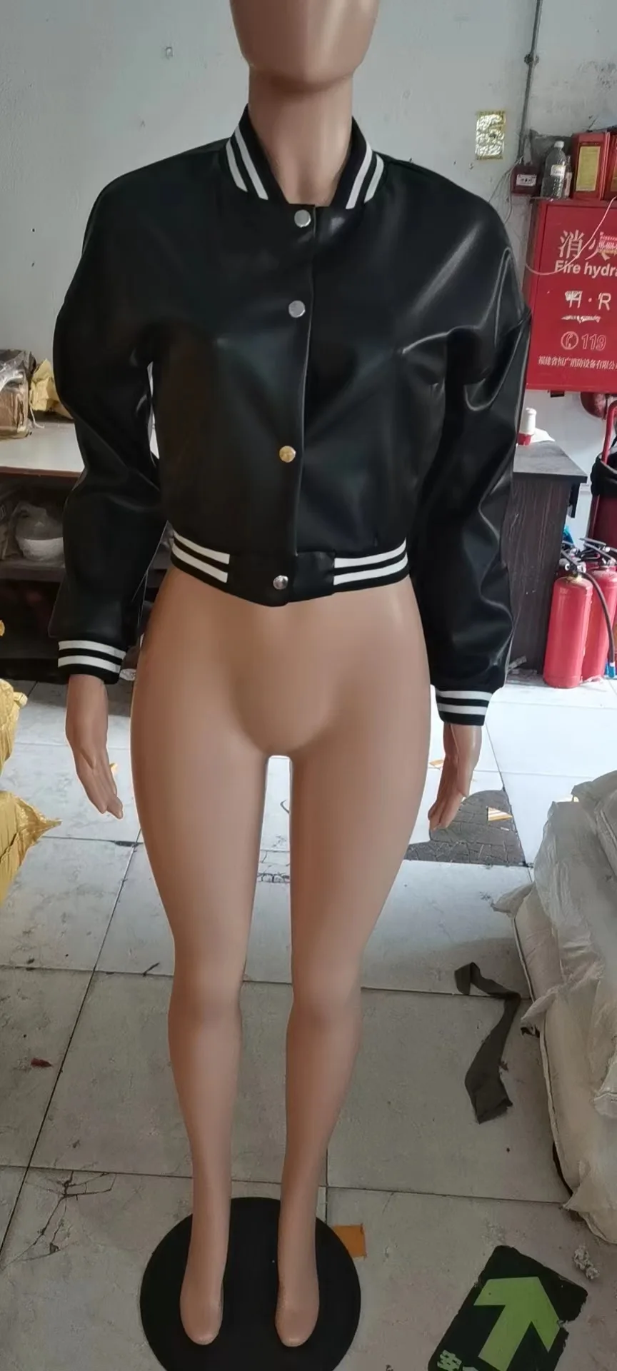 PU Leather Women Fly Jacket Solid Button Up Crop Coat with Ribbed Patchwork 2022 Fall High Street Activewear Motorcycle Outwear