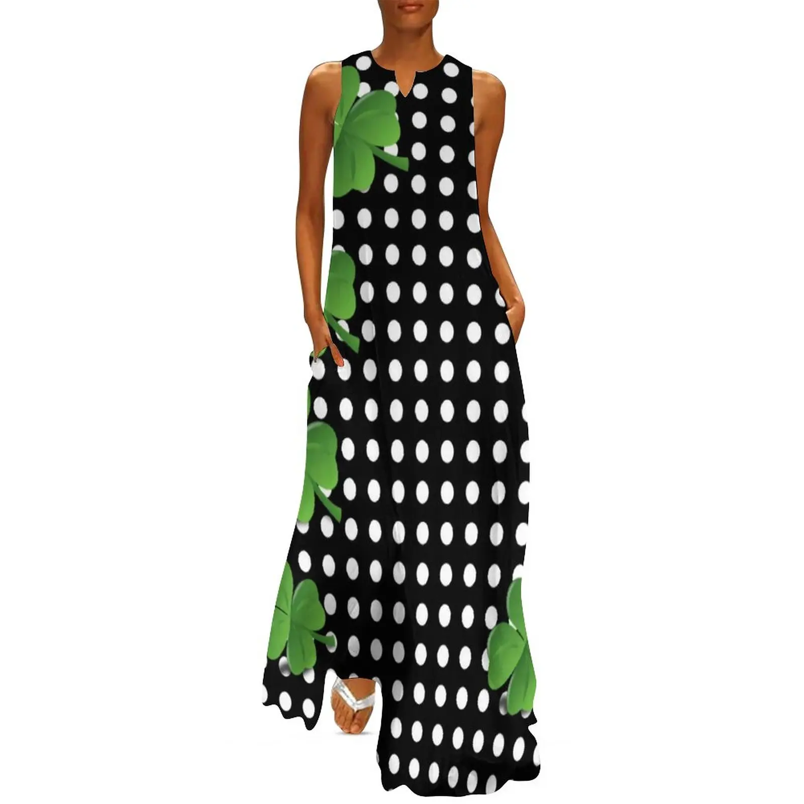 

Black White Polka Dot Dress Summer St Patricks Day Irish Shamrocks Street Fashion Casual Long Dresses Women Modern Maxi Dress