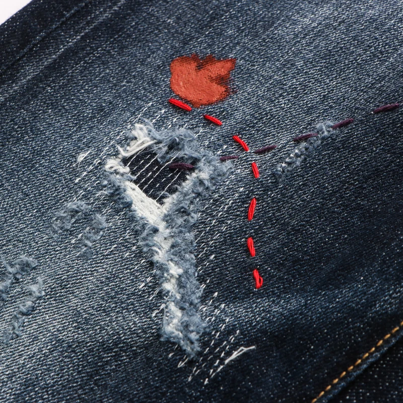 High Street Fashion Men Jeans Retro Black Blue Elastic Slim Ripped Jeans Men Embroidery Designer Painted Hip Hop Pants Hombre