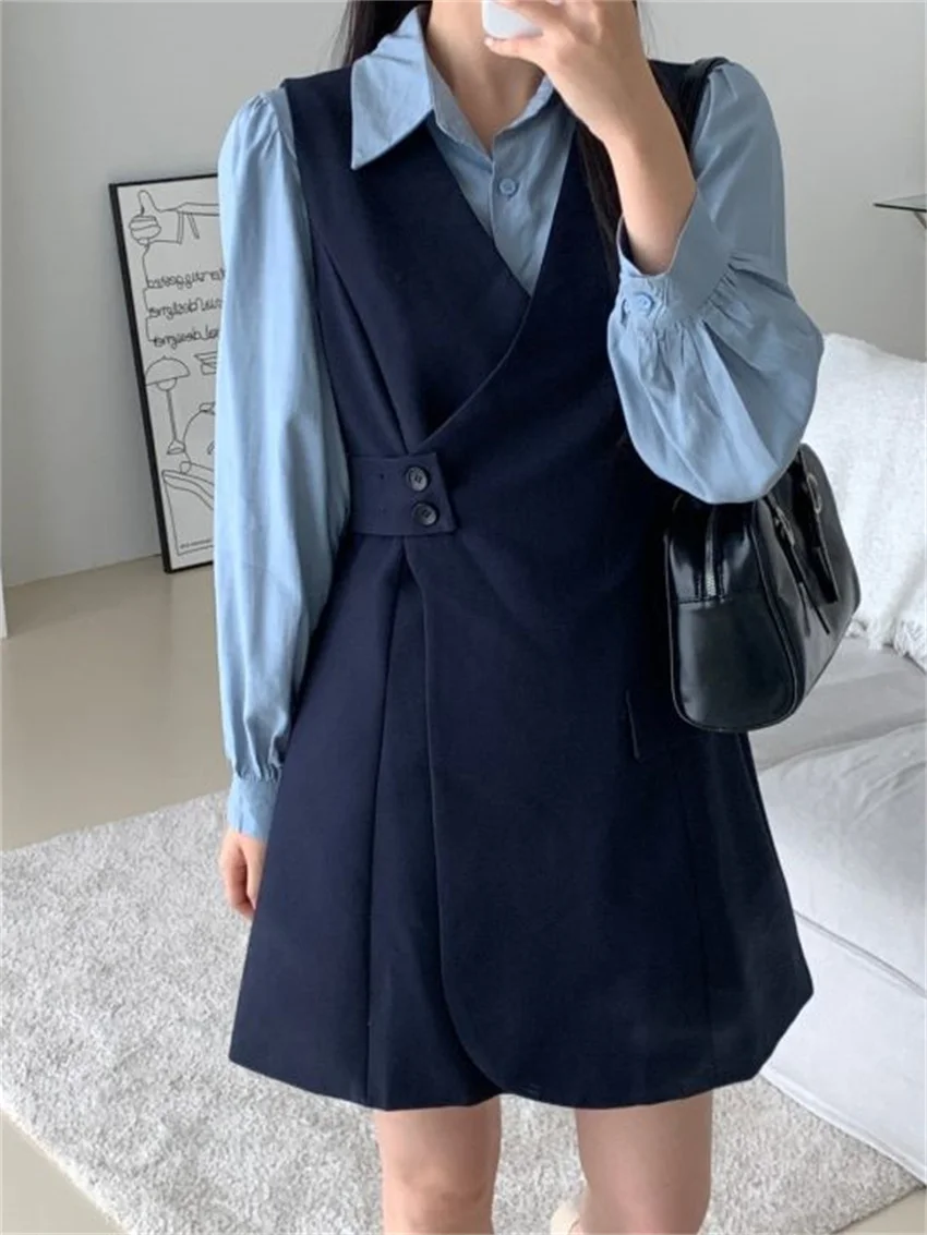 

HziriP Korean Slim Gentle OL Women Suits Solid Loose All Match Shirts 2022 Elegant Sets Hot High Street Autumn Vest Mini Dress