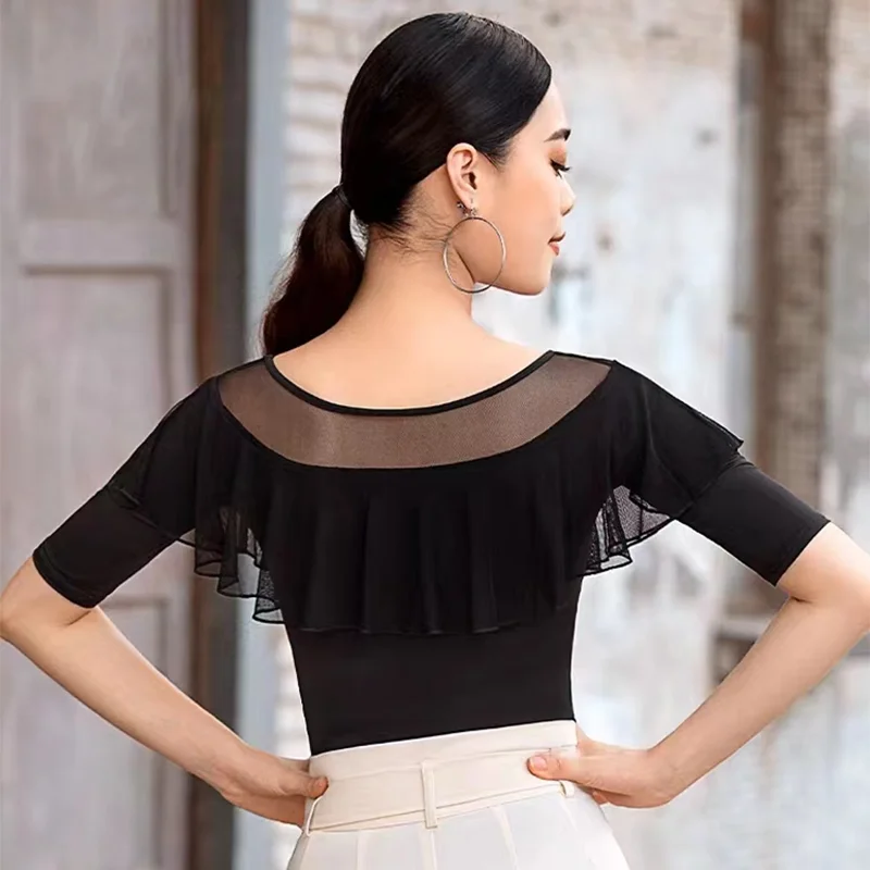 

Black White Elastic Mesh Ruffle Half Sleeve Latin Tight Top Modern Social Flamenco Dance Practice T Shirt Ballroom Tops