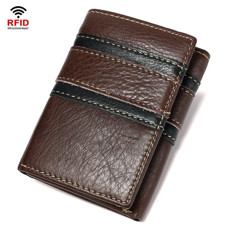 Aliwood RFID Anti-Theft Cowhide Wallet Genuine Leather Men's Short 3 Fold Wallets High Quality Money Clip Coin Purse Carteras