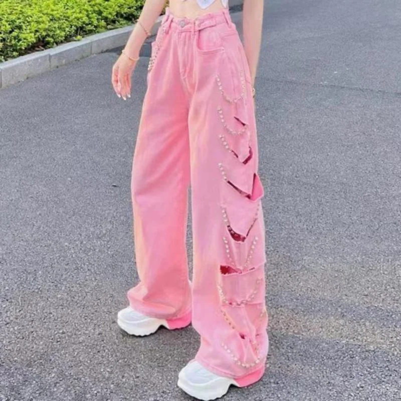 

Pink Boyfriend Jeans for Women Irregular 2K Pink Cargo Jeans Vintage Egirl Streetwear Oversize Wide Leg Denim Harajuku Trousers