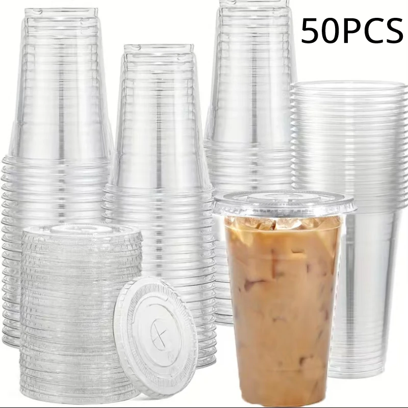 

50PCS 16OZ Clear Plastic Cups Flat Lids Disposable Drinking Cups for Party Wedding Drinking Cups Bulk Ice Coffee Milkshakes