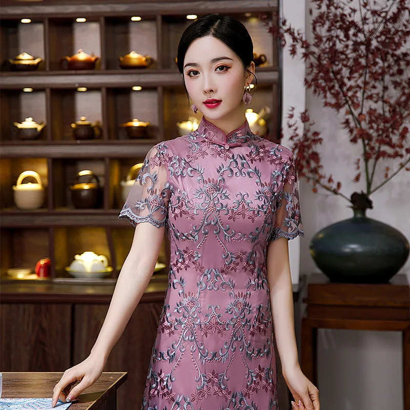 Chinese Traditional Mesh Embroidered Flower Dresses Beading Ladies Cheongsam Elegant Purple Midi Qipao Dress Sexy Slim Vestidos